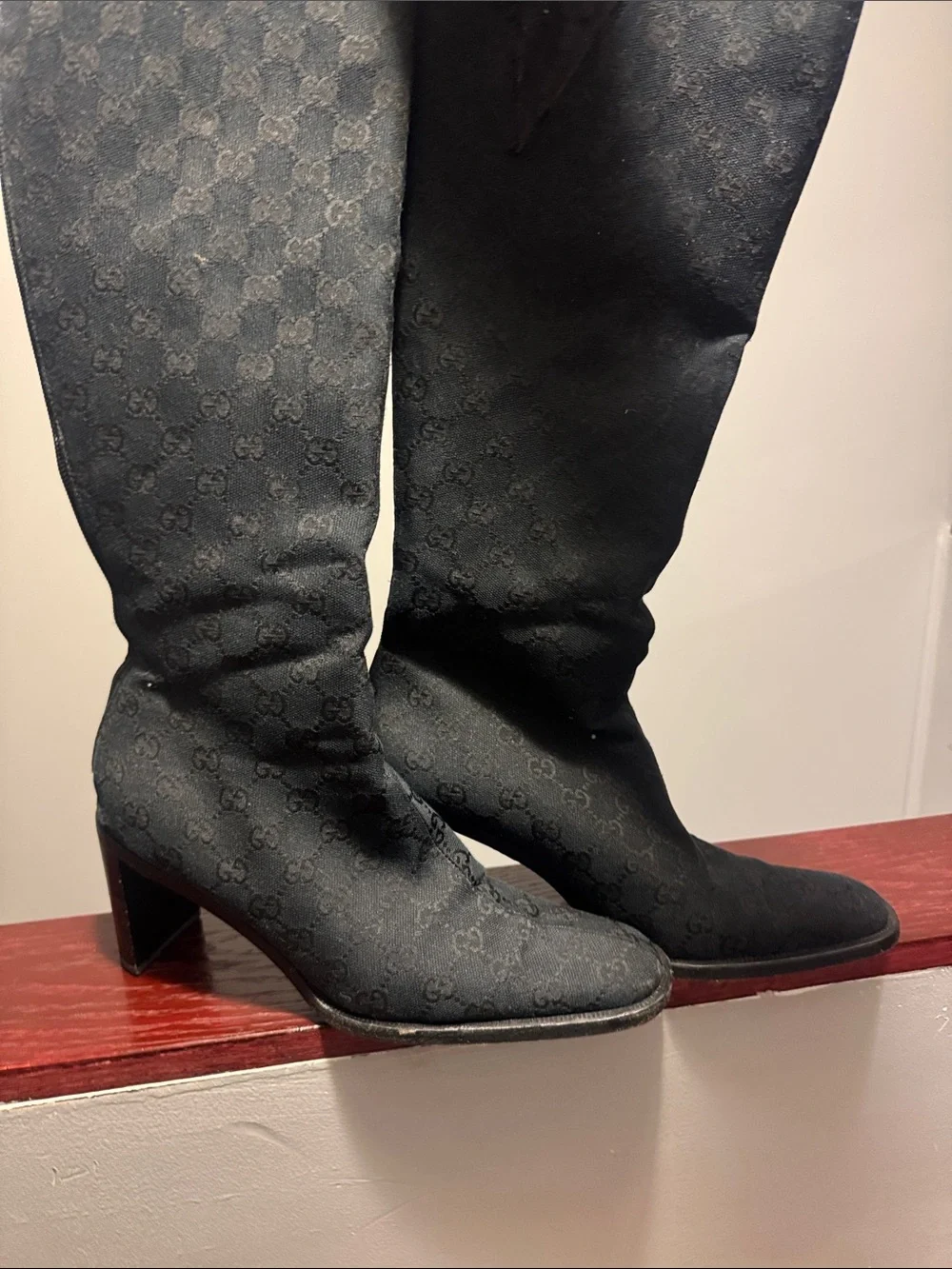 Gucci Black GG Monogram Over-the-Knee Boots with Block Heel